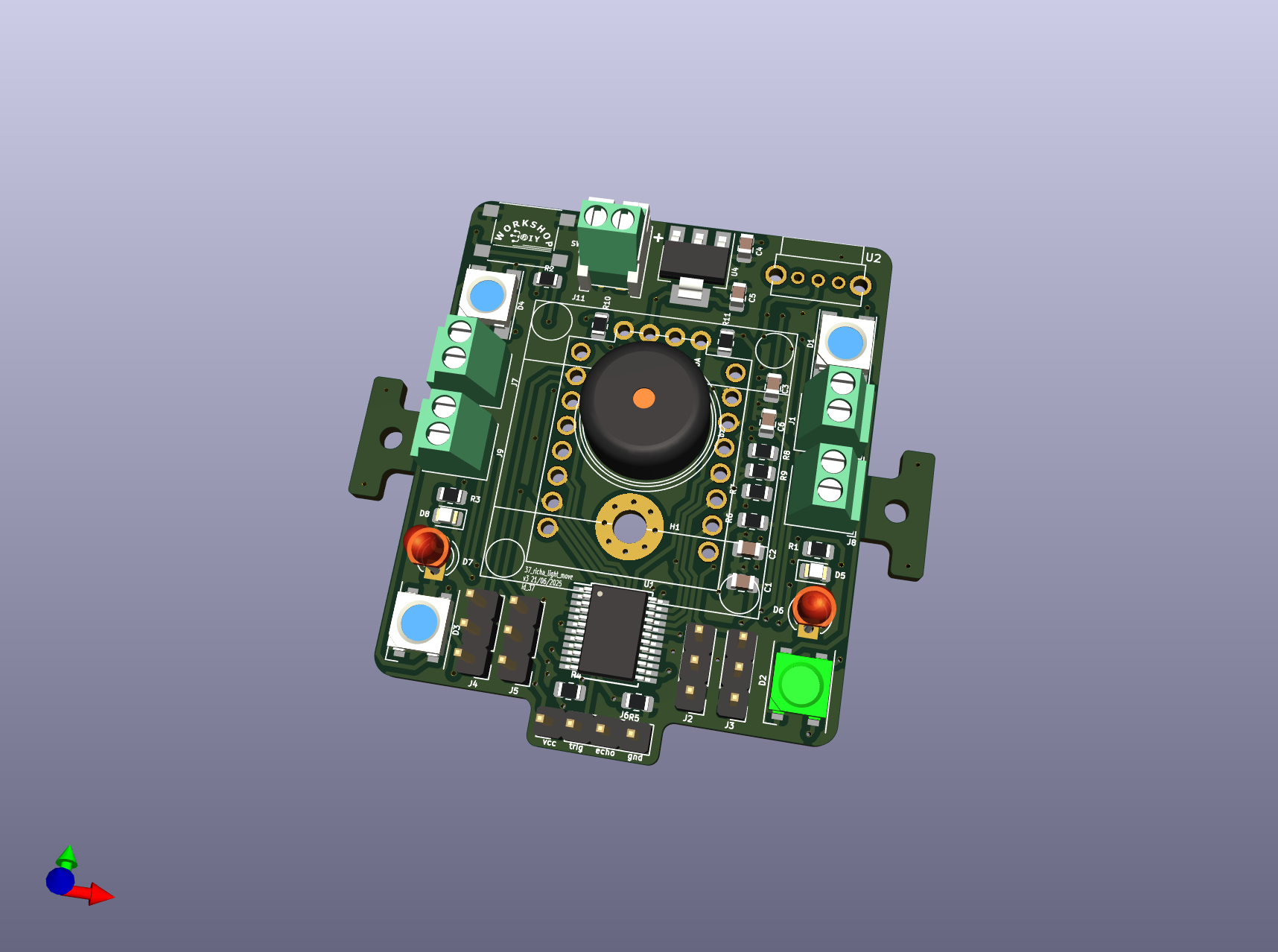 3D render of the v3 PCB — top view showing buzzer, NeoPixels D1-D4, motor terminals, ESP32-C3 module, and HC-SR04 header